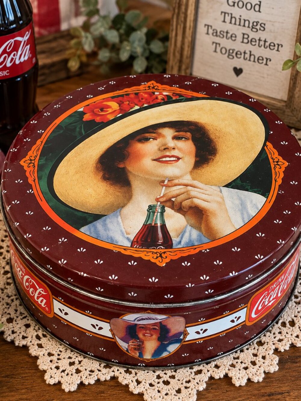 Vintage 1988 Coca-Cola Bristol Ware Tin 7.5" Round Lady in Hat Collectible